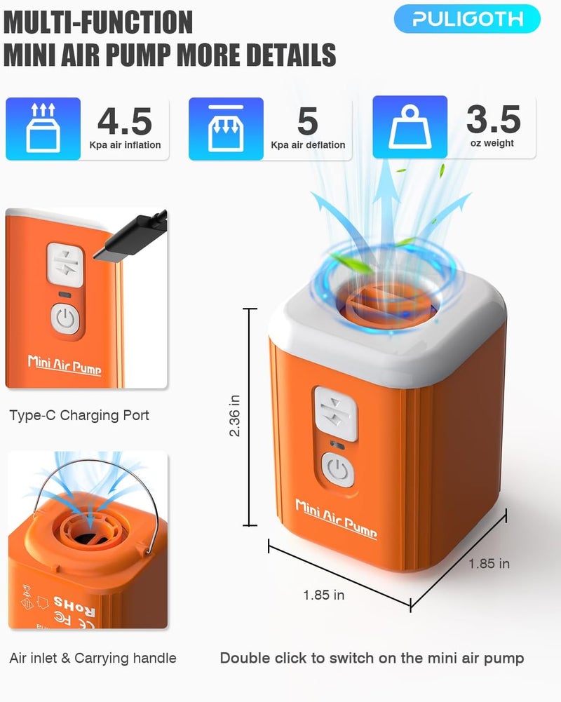 Puligoth Portable Air Pump for Inflatables: Mini Air Pump with 1600mAh Battery & Camping Light - Rechargeable Electric Pump for Vacuum Storage Bags, Air Mattress, Swimming Ring, Pool Floats - Image 3