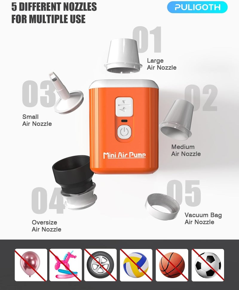 Puligoth Portable Air Pump for Inflatables: Mini Air Pump with 1600mAh Battery & Camping Light - Rechargeable Electric Pump for Vacuum Storage Bags, Air Mattress, Swimming Ring, Pool Floats - Image 2