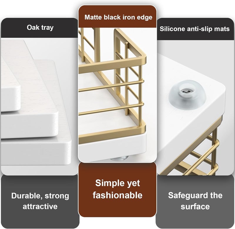 Wican Guest Towel Holder Tray for Bathroom, Oak and Iron Napkins Holder for Powder Room Dinning Table Wooden Basket for Disposable Paper Hand Towels Gold and White - Image 4