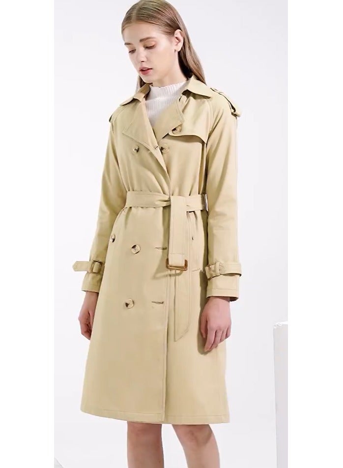 Loquat Women's Double-Breasted Long Trench Coat | Classic Notched Lapel Slim Fit Design | Adjustable Waist Belt | Khaki | Office Wear - Image 1
