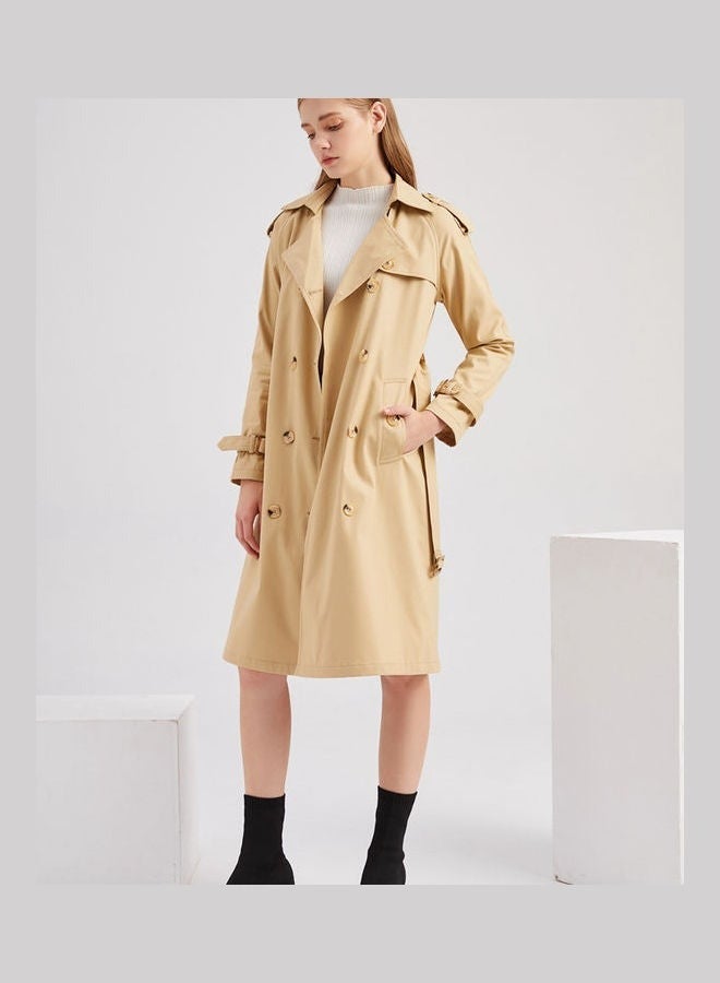 Loquat Women's Double-Breasted Long Trench Coat | Classic Notched Lapel Slim Fit Design | Adjustable Waist Belt | Khaki | Office Wear - Image 3