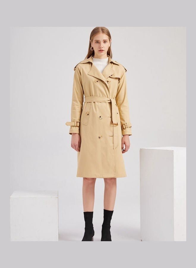 Loquat Women's Double-Breasted Long Trench Coat | Classic Notched Lapel Slim Fit Design | Adjustable Waist Belt | Khaki | Office Wear - Image 2