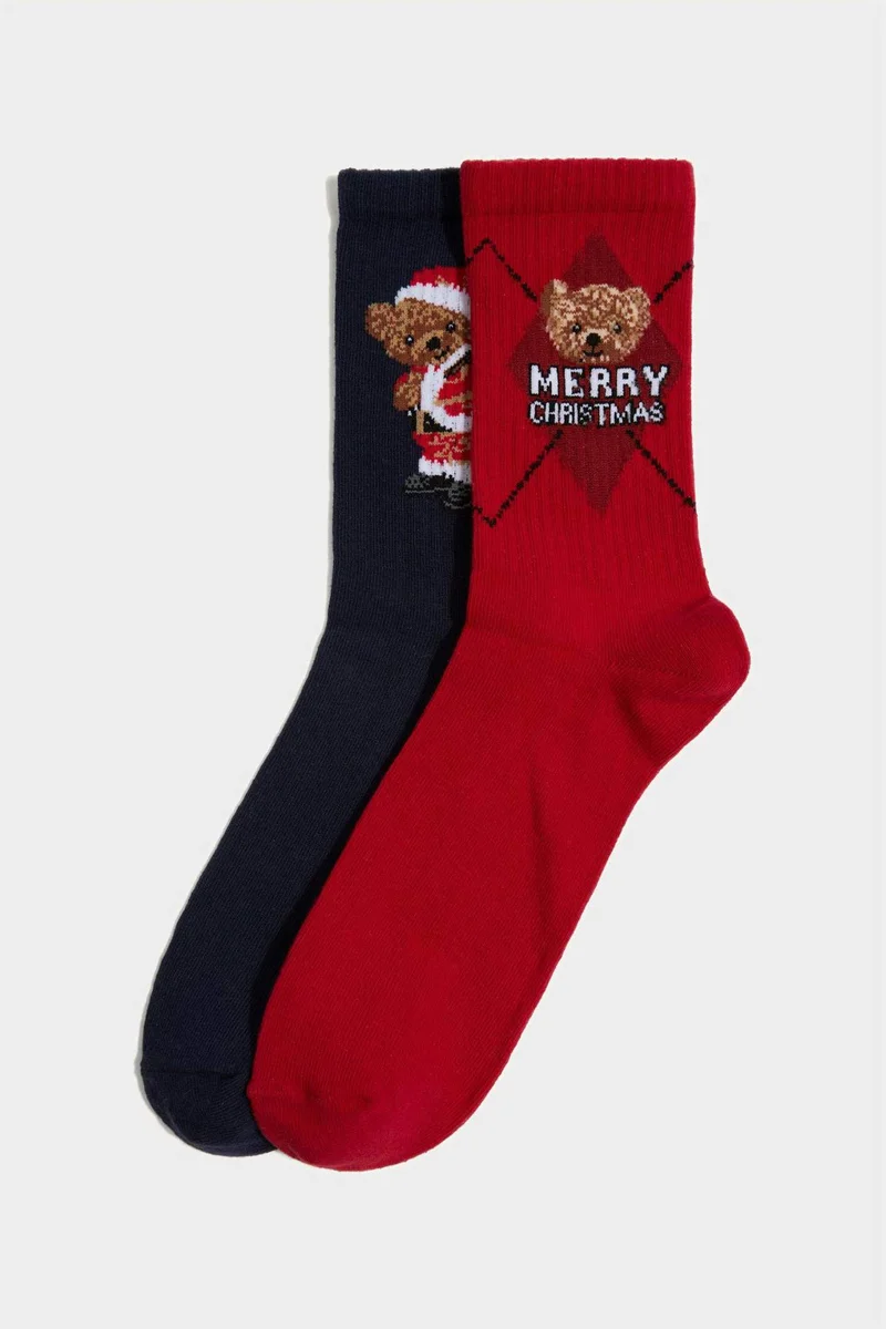 ديفاكتو Man Christmas Themed Bear Printed 2 Piece Cotton Long Socks