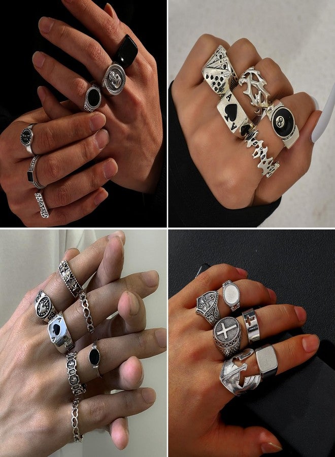 Acruccen 28 Pcs Vintage Silver Punk Rings Set for Men Cool Gothic Chunky Rings Statement Skull Cross Signet Ring Set - Image 3
