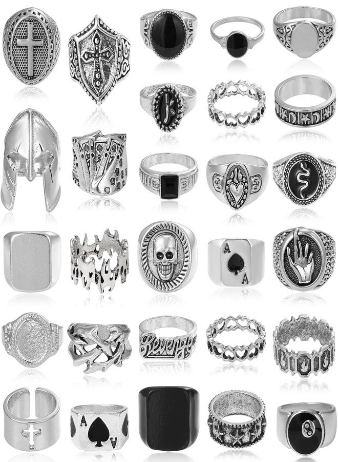 Acruccen 28 Pcs Vintage Silver Punk Rings Set for Men Cool Gothic Chunky Rings Statement Skull Cross Signet Ring Set - Image 1