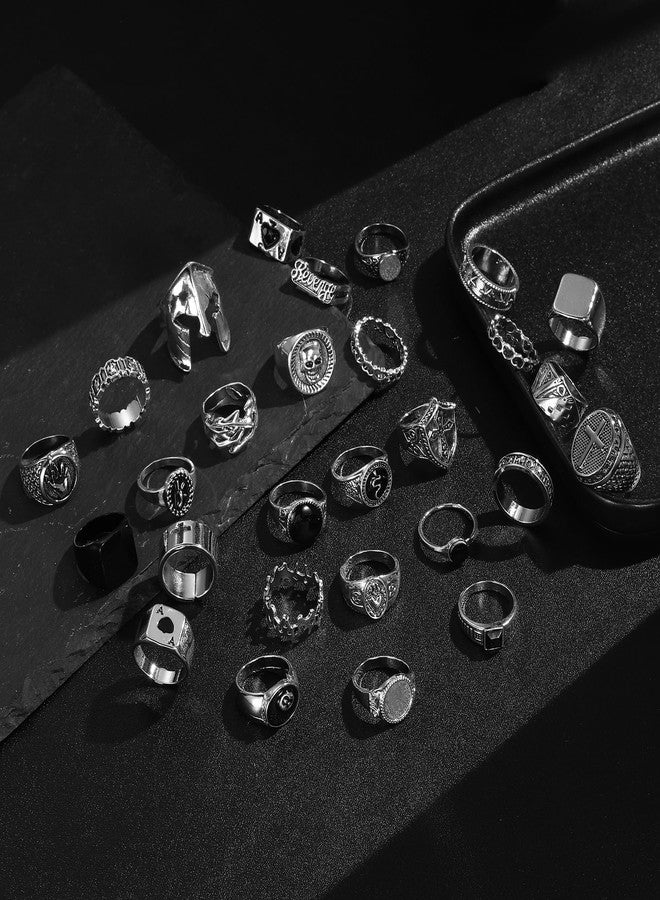 Acruccen 28 Pcs Vintage Silver Punk Rings Set for Men Cool Gothic Chunky Rings Statement Skull Cross Signet Ring Set - Image 2