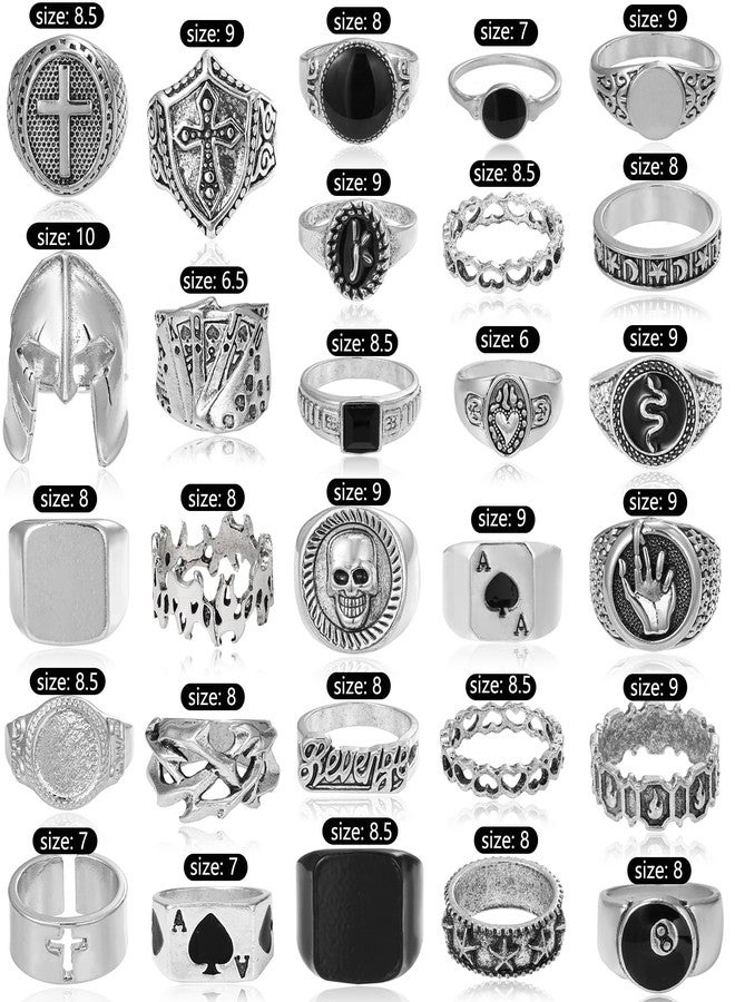 Acruccen 28 Pcs Vintage Silver Punk Rings Set for Men Cool Gothic Chunky Rings Statement Skull Cross Signet Ring Set - Image 5