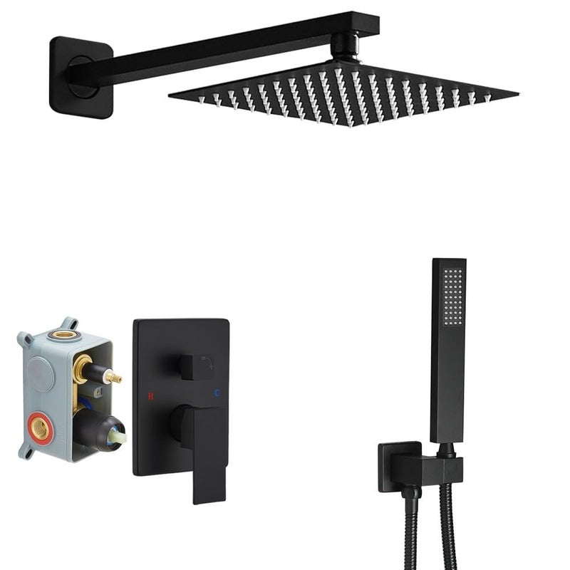 Heable Matte Black Shower System Bathroom Luxury Rain Mixer Shower Combo Set Wall Mounted Rainfall Shower Head System Shower Faucet Roughin Valve Body and Trim Kit