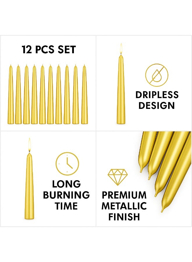 Home Care مجموعة 12 قطعة من الشموع الذهبية الطويلة المعدنية بدون قطرات للزفاف، والاحتفالات، وديكور المنزل - Image 5