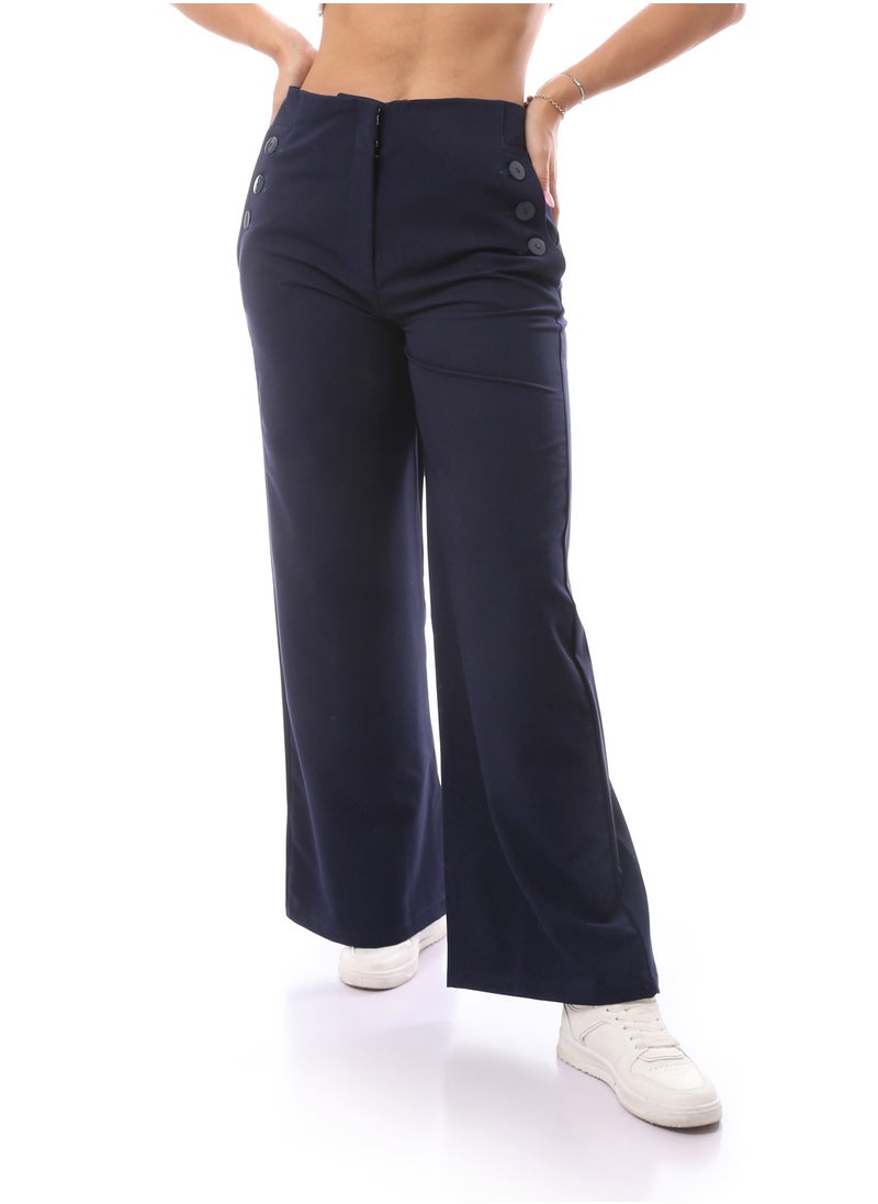 MERCH - TR High Waist Classic Pants With Buttons -Navy - Image 1