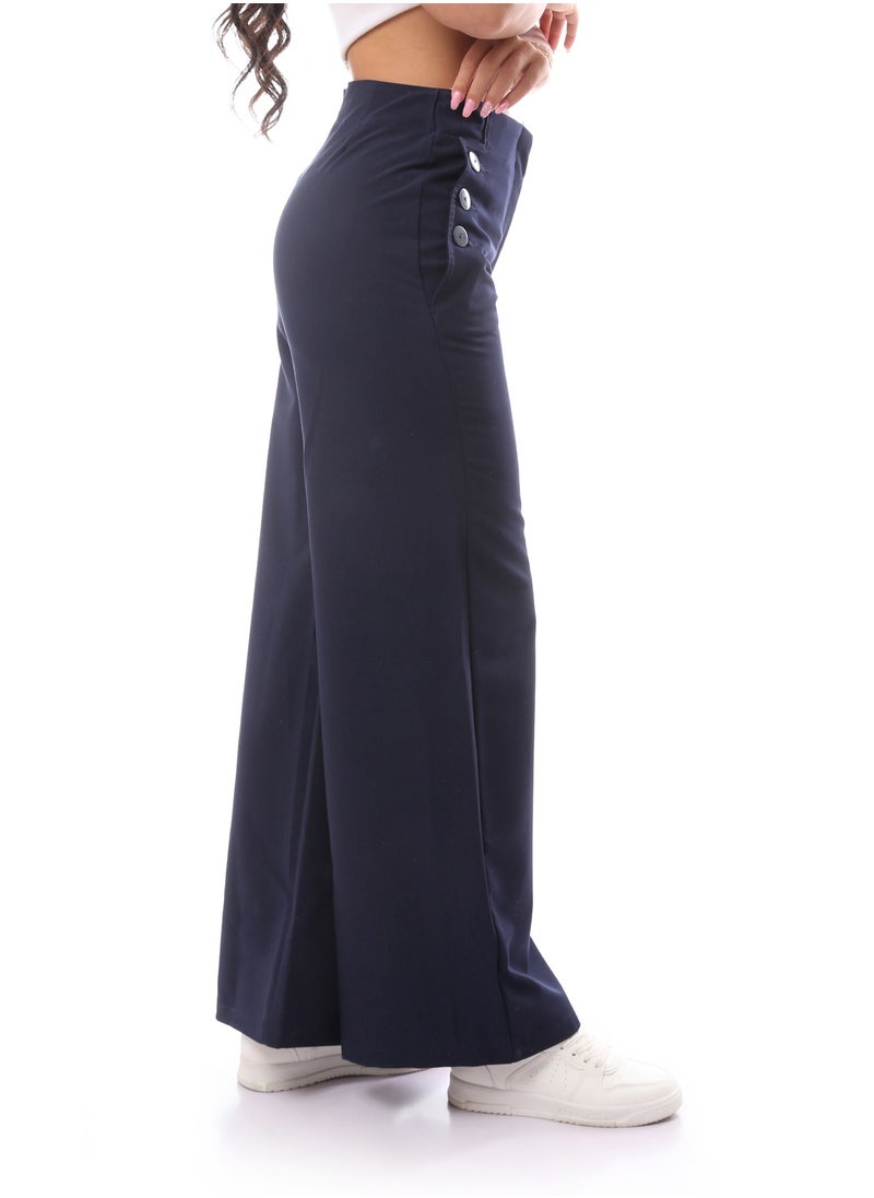 MERCH - TR High Waist Classic Pants With Buttons -Navy - Image 1