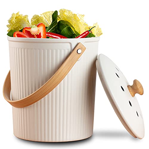 LALASTAR Countertop Compost Bin with Lid, Made of Sustainable Bamboo Fiber, Odorless Kitchen Compost Bucket, 1 Gallon, Cream - Image 1