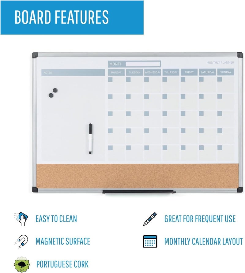 MasterVision Magnetic Dry Erase Monthly Calendar Planner Push Pin Corkboard Combo with Marker Tray, 18" x 24", Gray Plastic Frame - Image 3