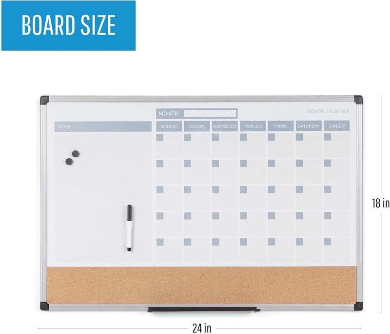 MasterVision Magnetic Dry Erase Monthly Calendar Planner Push Pin Corkboard Combo with Marker Tray, 18" x 24", Gray Plastic Frame - Image 2