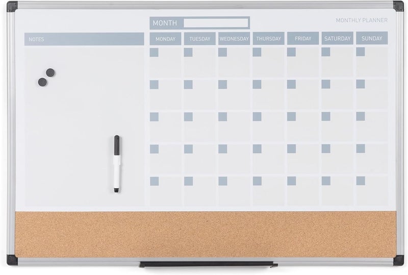 MasterVision Magnetic Dry Erase Monthly Calendar Planner Push Pin Corkboard Combo with Marker Tray, 18" x 24", Gray Plastic Frame - Image 1