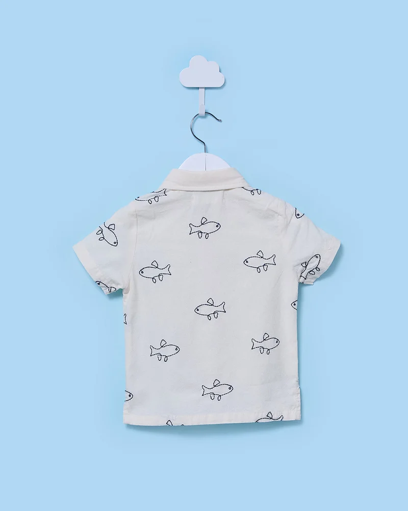 ردتاغ قميص مطبوع بأكمام قصيرة باللون العاجي للأولاد الرضع