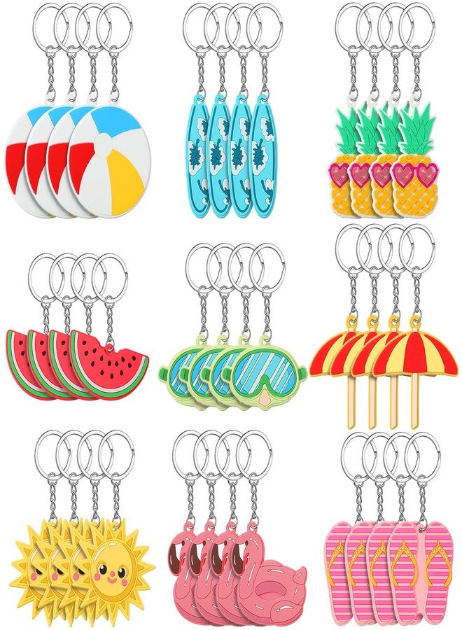 Yinkin 36 Pcs Summer Party Keychains Beach Flamingo Pineapple Turtle Surfboard Keychain for Summer Pool Theme Favor Luau Tropical Hawaiian Sea Party Supplies, 9 Styles(Pool Style) - Image 1