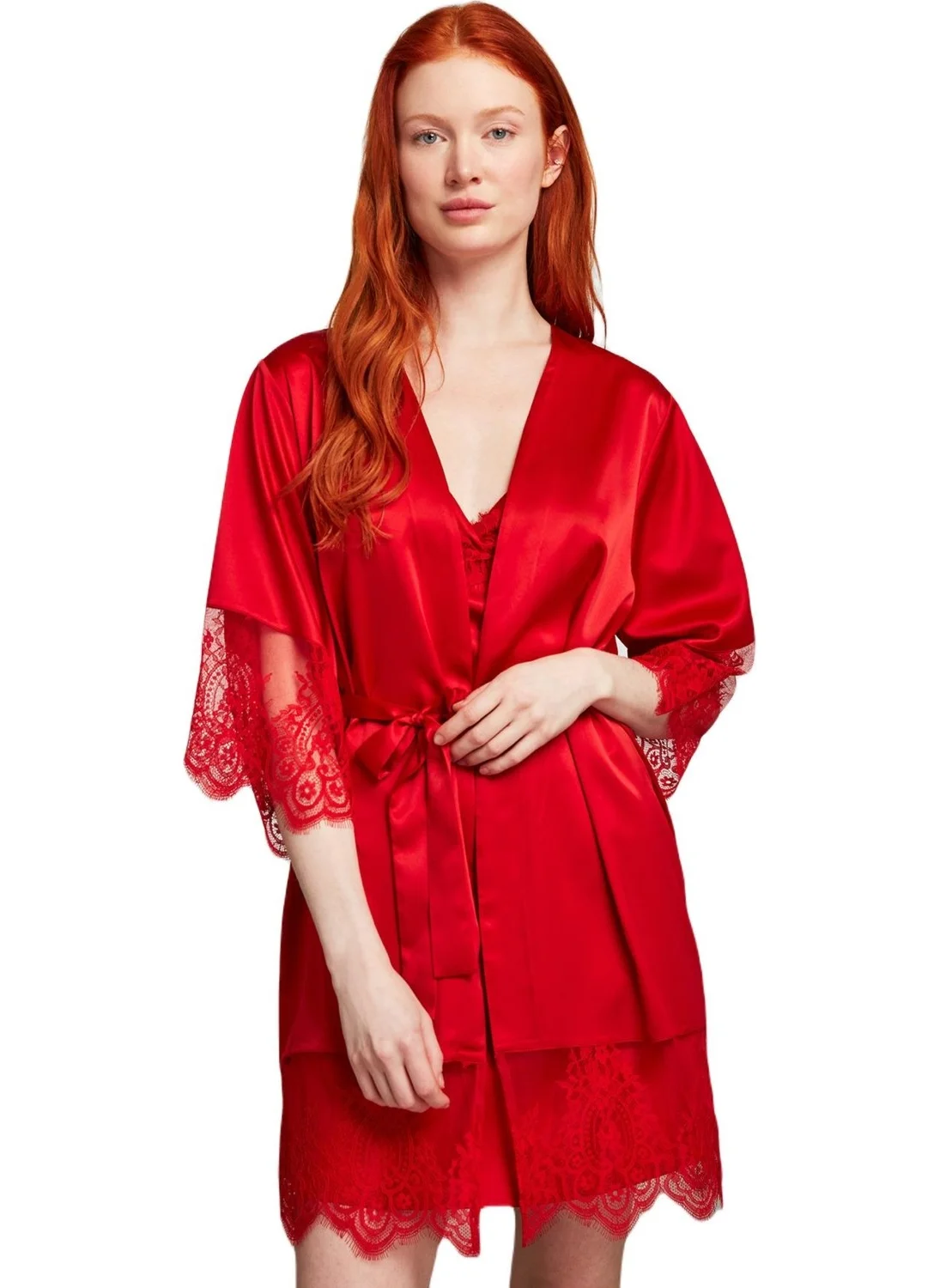 Catherine'S Women's Red Satin Nightgown Dressing Gown Set