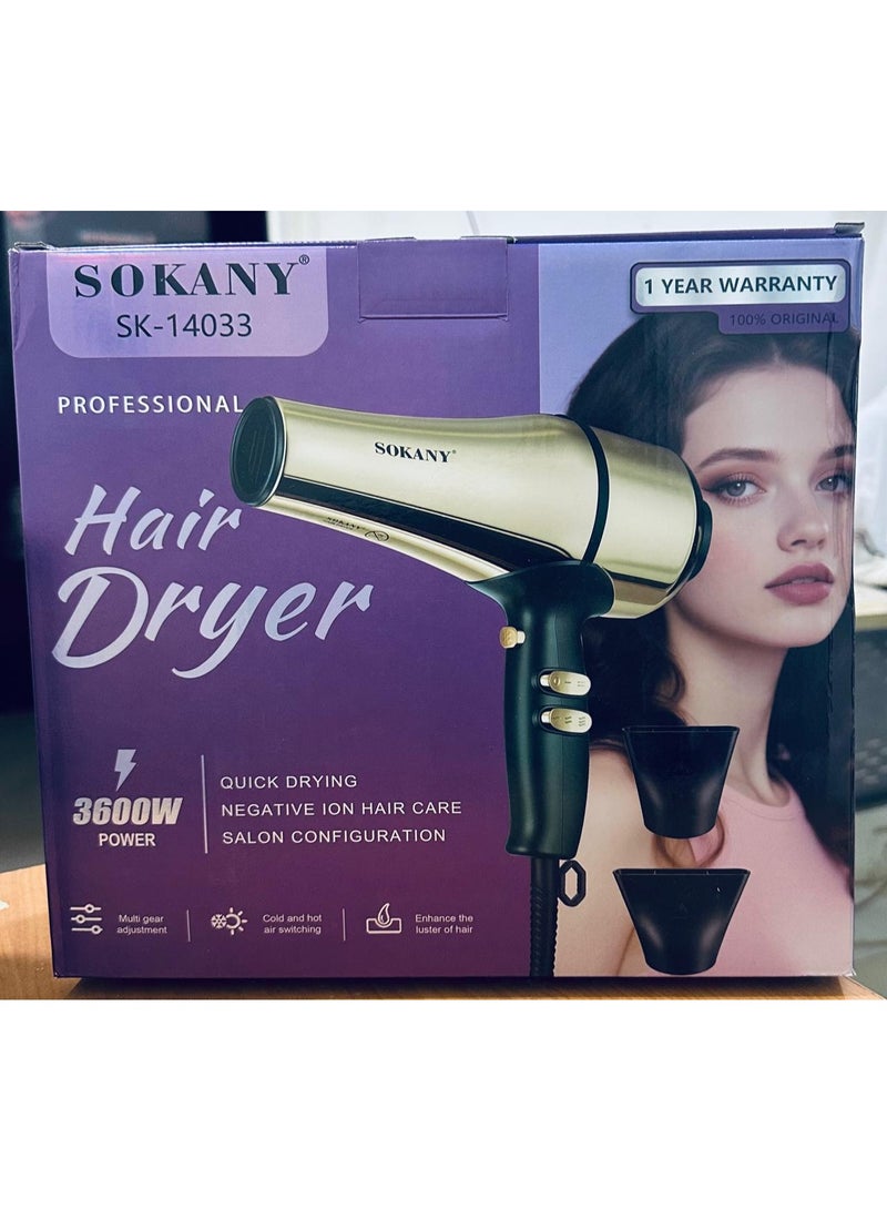 Sokany SK-14033 Professional Hair Dryer - Golden Edition - 3600W High Power - Heat & Impact Resistant Body - Image 2
