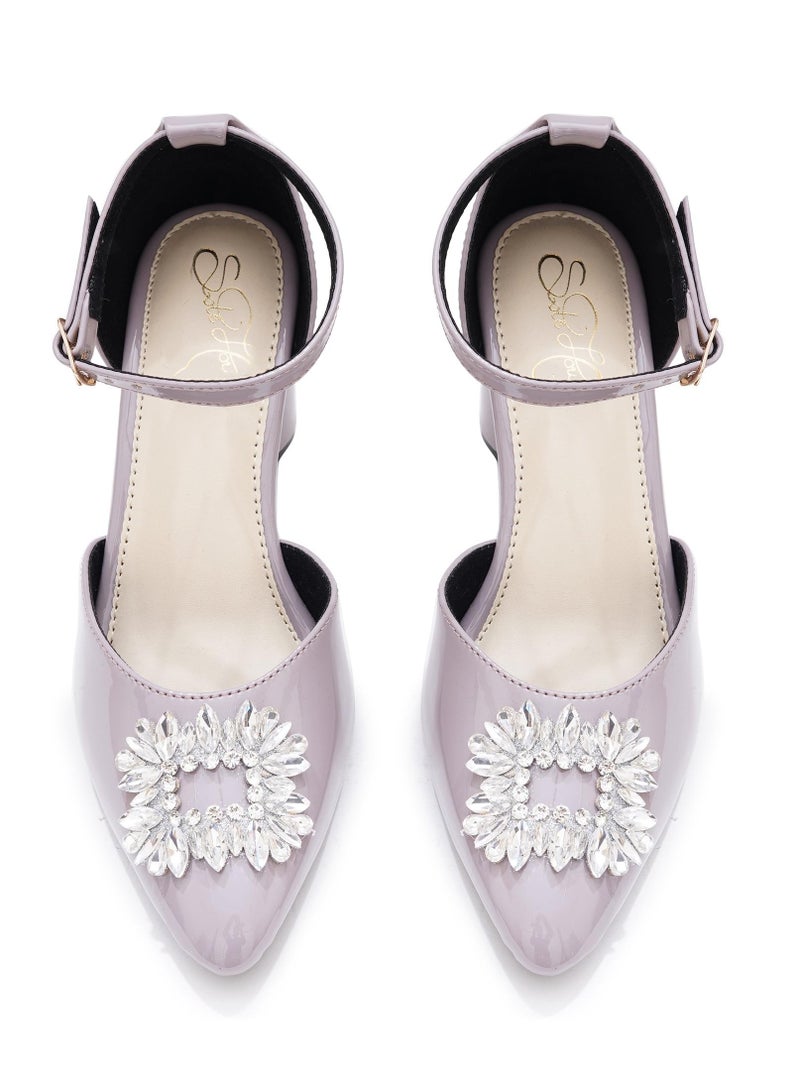 Sole House Sole House Diva Grey Luxe Heels: Patent Finish with Silver Brooch Glam - perfect for parties, celebrations & special occasions.  - Image 4