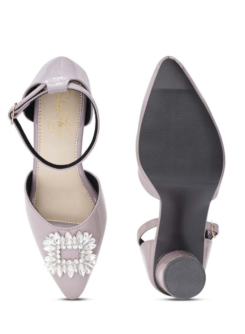 Sole House Sole House Diva Grey Luxe Heels: Patent Finish with Silver Brooch Glam - perfect for parties, celebrations & special occasions.  - Image 5