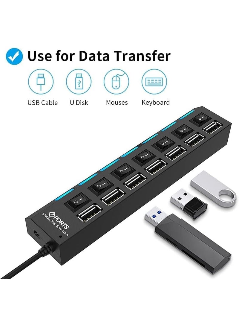 Multi Port Splitter, 7 Port USB 2.0 Hub, USB A Port Data Hub with Independent On/Off Switch and LED Indicators, Lights for Laptop, PC, Computer, Mobile HDD, Flash Drive for All USB Device - Image 1