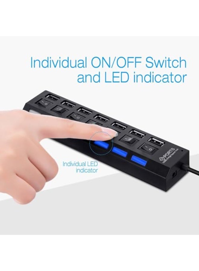 Multi Port Splitter, 7 Port USB 2.0 Hub, USB A Port Data Hub with Independent On/Off Switch and LED Indicators, Lights for Laptop, PC, Computer, Mobile HDD, Flash Drive for All USB Device - Image 2