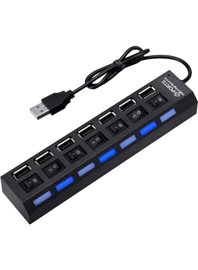 Multi Port Splitter, 7 Port USB 2.0 Hub, USB A Port Data Hub with Independent On/Off Switch and LED Indicators, Lights for Laptop, PC, Computer, Mobile HDD, Flash Drive for All USB Device - Image 4