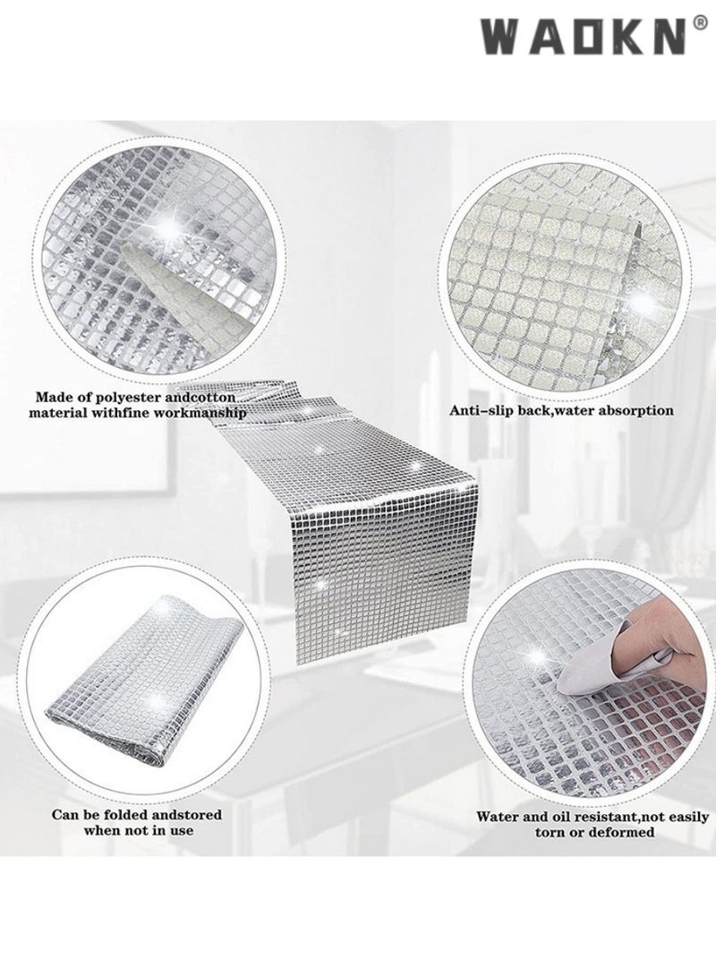 WAOKN Sparkling Silver Sequin Grid Table Runner,Exquisite Table Decor for Weddings, Parties, and Special Events,Enhances Festive Atmosphere with Glamour and Sophistication，30x180cm - Image 2