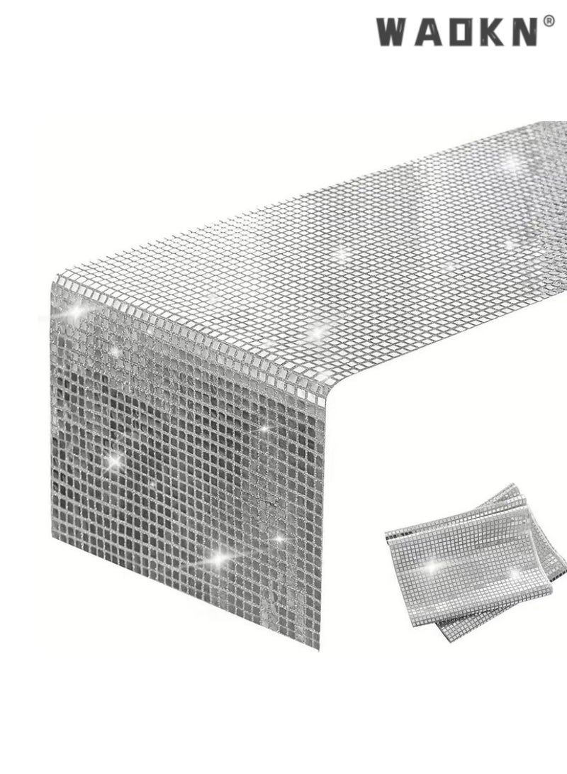 WAOKN Sparkling Silver Sequin Grid Table Runner,Exquisite Table Decor for Weddings, Parties, and Special Events,Enhances Festive Atmosphere with Glamour and Sophistication，30x180cm - Image 1