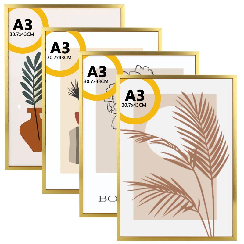 JMIATRY A3 Photo Frame Set of 4 Aluminum A3 Picture Frames with Perspex Front Wall Mount Gold Frame for Photo Picture Certificate Wall Decor 307x43cm