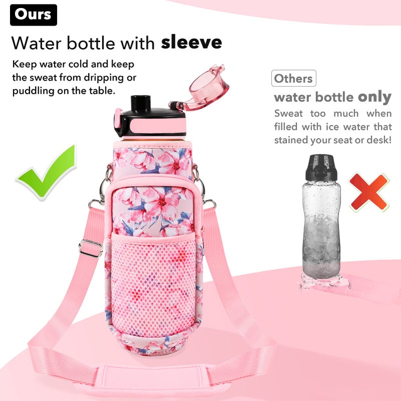 Newfad 32 oz Water Bottles with Straw & Strap  Motivational Water Bottles with Times to Drink  BPA Free Reusable Sports Water Bottle with Sleeve Carrier for Gym  Workout or Fitness (Pink Peach) - Image 5