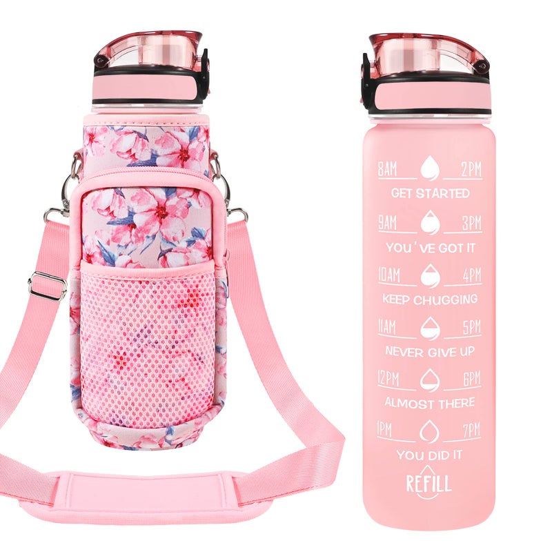 Newfad 32 oz Water Bottles with Straw & Strap  Motivational Water Bottles with Times to Drink  BPA Free Reusable Sports Water Bottle with Sleeve Carrier for Gym  Workout or Fitness (Pink Peach) - Image 1