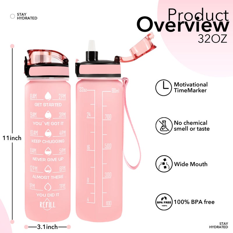 Newfad 32 oz Water Bottles with Straw & Strap  Motivational Water Bottles with Times to Drink  BPA Free Reusable Sports Water Bottle with Sleeve Carrier for Gym  Workout or Fitness (Pink Peach) - Image 2