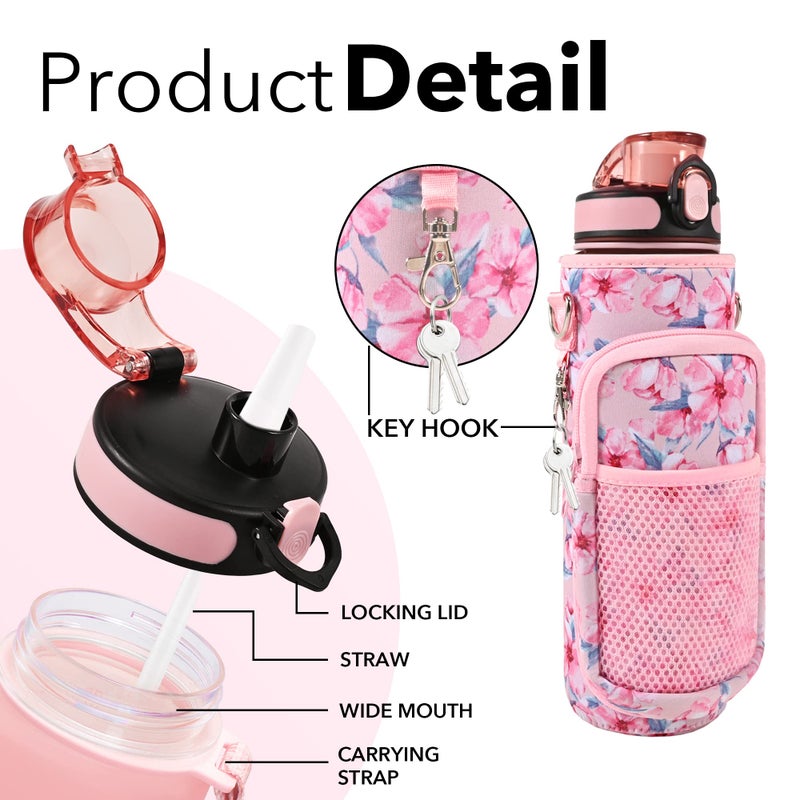 Newfad 32 oz Water Bottles with Straw & Strap  Motivational Water Bottles with Times to Drink  BPA Free Reusable Sports Water Bottle with Sleeve Carrier for Gym  Workout or Fitness (Pink Peach) - Image 4
