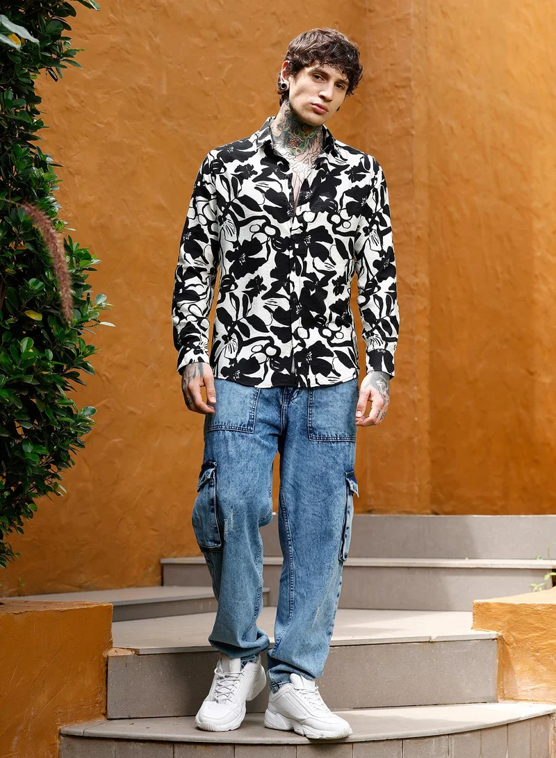Campus Sutra Campus Sutra Men Contrast-Botanical Imprint Shirt | Spread Collar Long Cuffed Sleeves | Button Closure Curved Hem | Floral-Print Plain | Woven Fabric For Casual & Daily Wear | Onyx Black