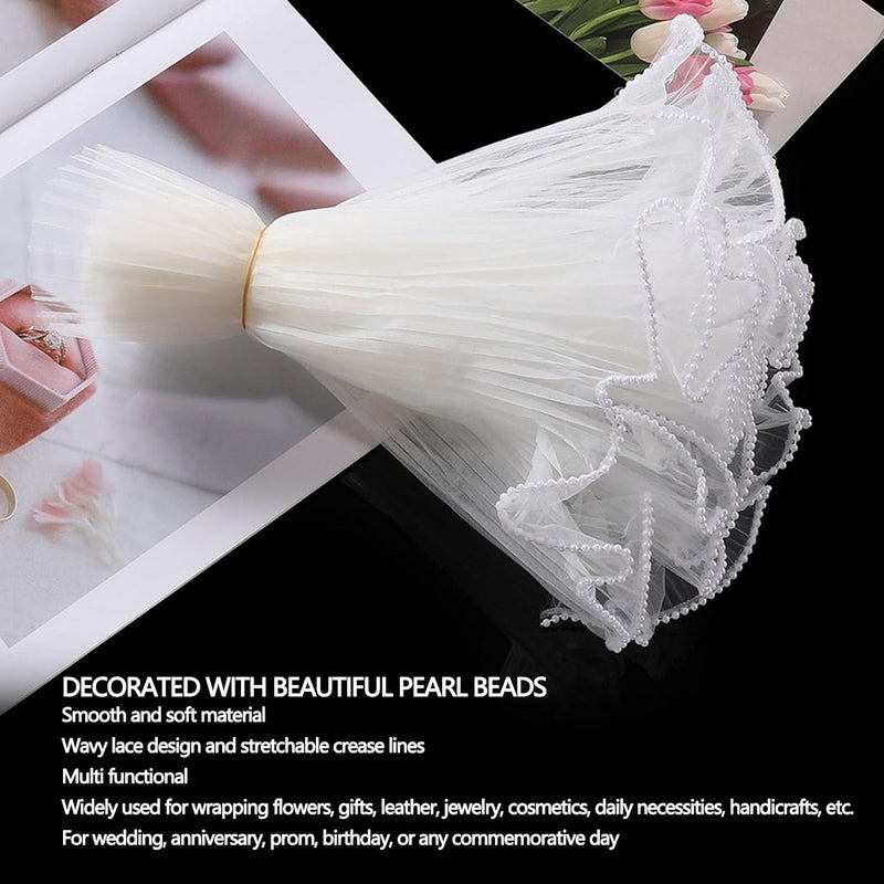 Haofy Flower Wrapping Mesh Paper 3.5m x 24cm Pearl Edge Wavy Crinkle Soft Yarn Versatile Bouquet Floral Wrap for Wedding Birthday Gift DIY Crafts (white Pearl) - Image 2