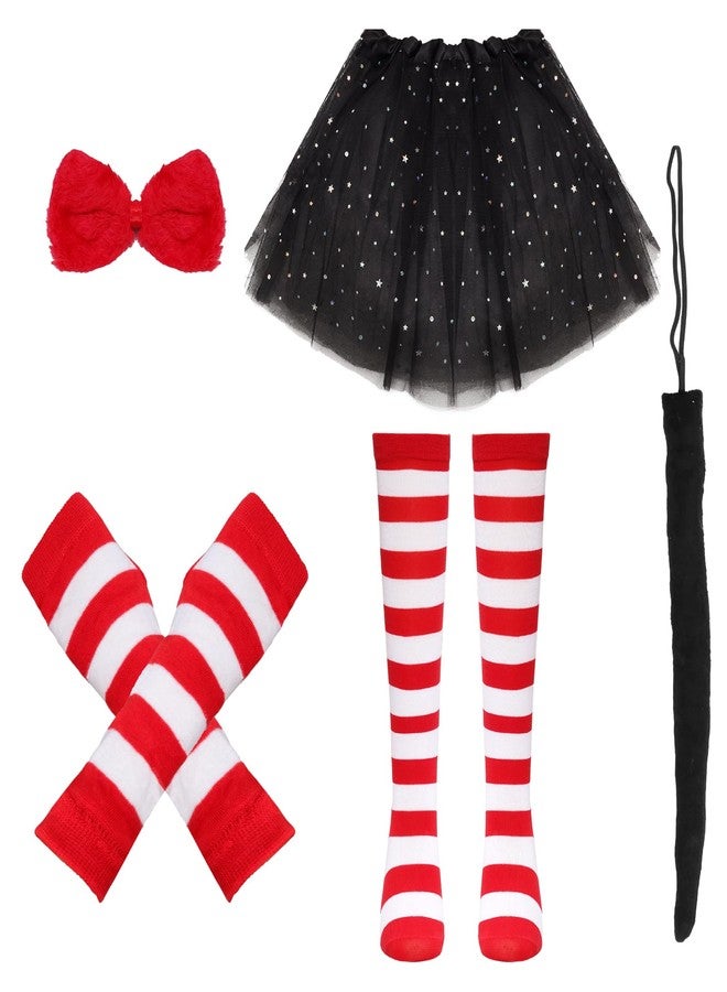 Gvhntk 5 Pack Cosplay Cat Costume Accessories Set with Red White Striped Gloves Socks Bow Tie Tulle Tutus Black Long Tail - Image 1