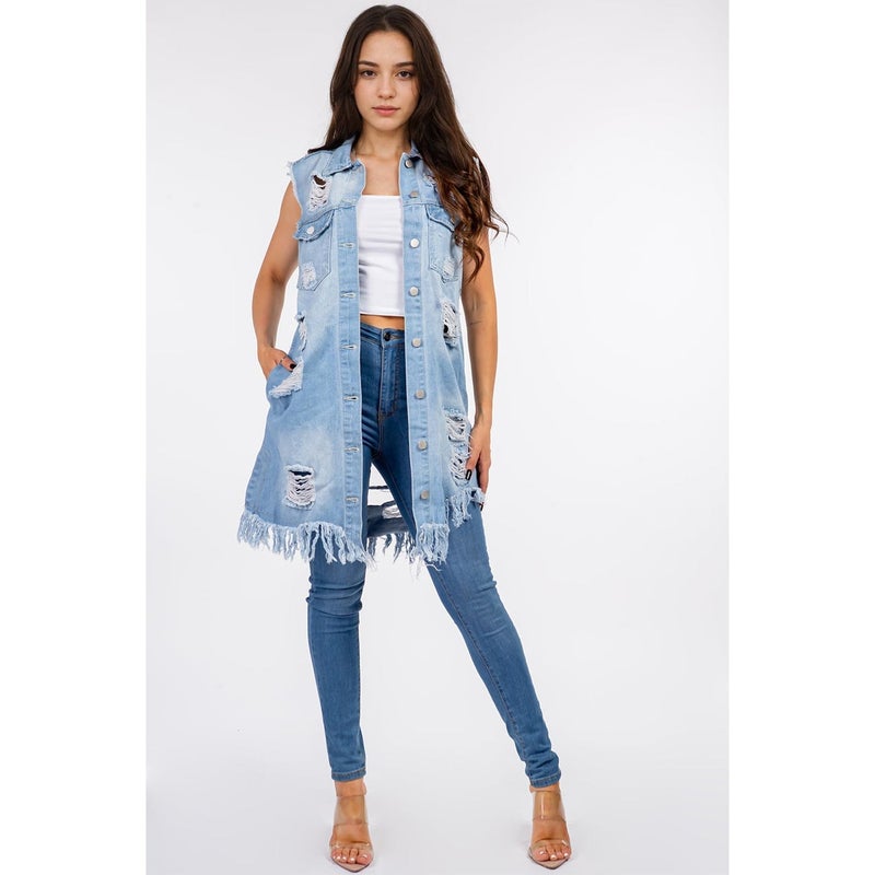 Songling Women's Distressed Ripped Sleeveless Mid Long Denim Jacket Jean Vest Cardigan Coats(Blue,XL) - Image 3