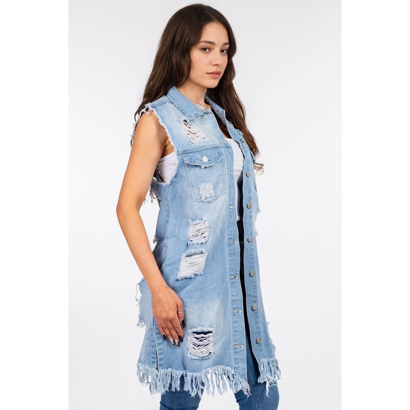 Songling Women's Distressed Ripped Sleeveless Mid Long Denim Jacket Jean Vest Cardigan Coats(Blue,XL) - Image 2