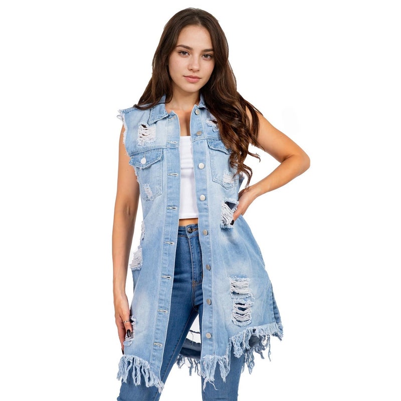 Songling Women's Distressed Ripped Sleeveless Mid Long Denim Jacket Jean Vest Cardigan Coats(Blue,XL) - Image 1