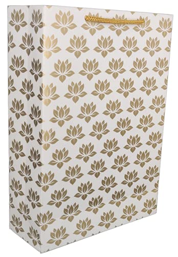 Arrow Paper Products Golden Lotus Design Paper Gift Bags for Gifting | Return Gifts | Weddings | Birthday & Holiday Presents (Size- 20.32 x 7.62 x 27.94 cm | Pack of 10) - Image 1
