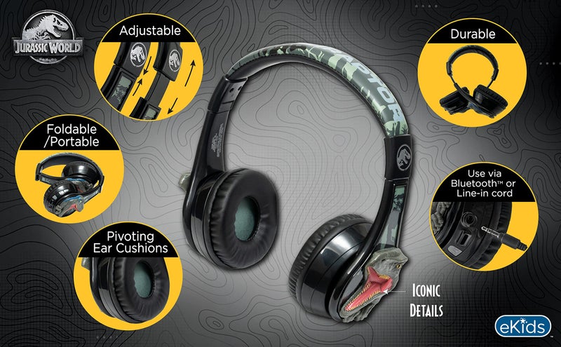 eKids Jurassic World Bluetooth Headphones, Wireless Headphones with Microphone Includes Aux Cord, Kids Earphones for School, Home, or Travel - Image 2