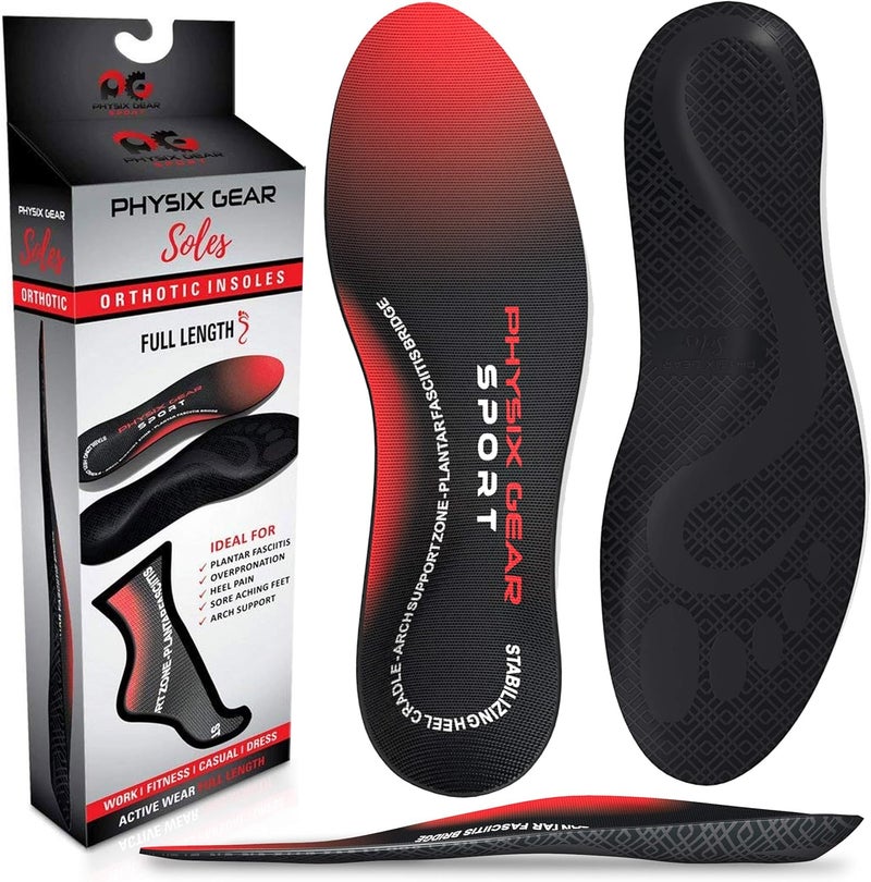 Physix Gear Sport Physix Gear Orthotic Insoles for Men & Women - Arch Support Orthotics Insole, Orthopedic Insoles, Inserts for Men & Women, Foot Insoles for Plantar Fasciitis Comfort, Shoe Insert, Feet, Red/Black, S