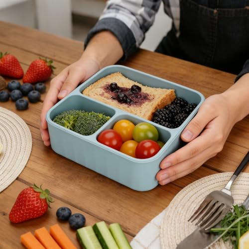 Annaklin Silicone Bento Box Adult Lunch Container, 3 Compartment Container, Food Grade Silicone Bento Lunch Box for Work Travel Meal Prep, Leak-proof Food Storage Container（1 Pack Nile Blue） - Image 2