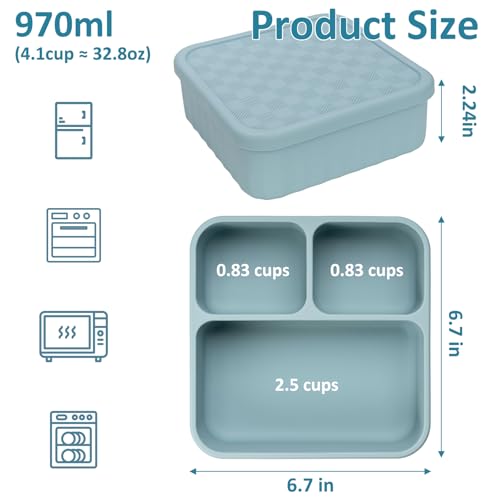 Annaklin Silicone Bento Box Adult Lunch Container, 3 Compartment Container, Food Grade Silicone Bento Lunch Box for Work Travel Meal Prep, Leak-proof Food Storage Container（1 Pack Nile Blue） - Image 3