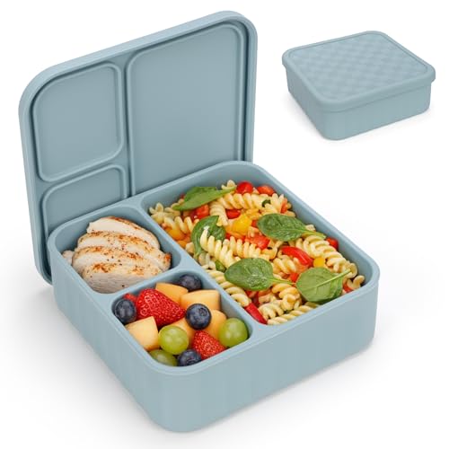 Annaklin Silicone Bento Box Adult Lunch Container, 3 Compartment Container, Food Grade Silicone Bento Lunch Box for Work Travel Meal Prep, Leak-proof Food Storage Container（1 Pack Nile Blue） - Image 1