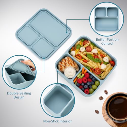 Annaklin Silicone Bento Box Adult Lunch Container, 3 Compartment Container, Food Grade Silicone Bento Lunch Box for Work Travel Meal Prep, Leak-proof Food Storage Container（1 Pack Nile Blue） - Image 4