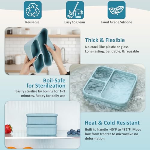Annaklin Silicone Bento Box Adult Lunch Container, 3 Compartment Container, Food Grade Silicone Bento Lunch Box for Work Travel Meal Prep, Leak-proof Food Storage Container（1 Pack Nile Blue） - Image 5