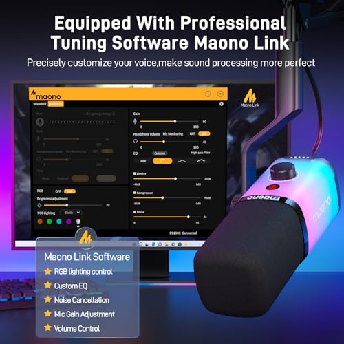 MAONO Dynamic Gaming Microphone: USB/XLR Streaming Mic for PC Podcast Recording, Custom Software, RGB, Mute Button, Gain Knob, 48kHz/24bit Studio Desktop Mic for YouTube Video Creation -PD100X RGB - Image 5